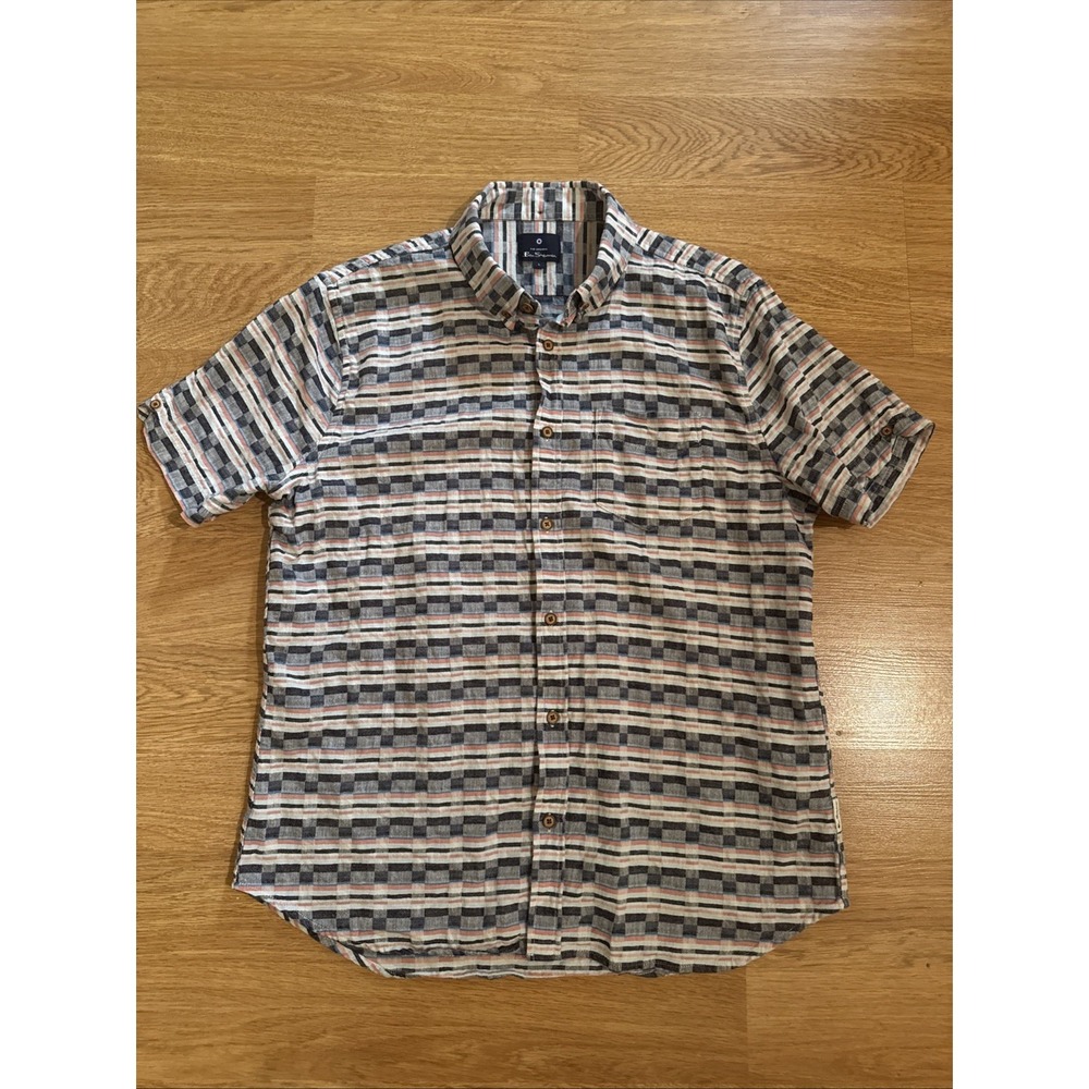 Ben Sherman Shirt Mens‎ Multicolor Large Linen/Cotton Blend Geometric S/Sleeve